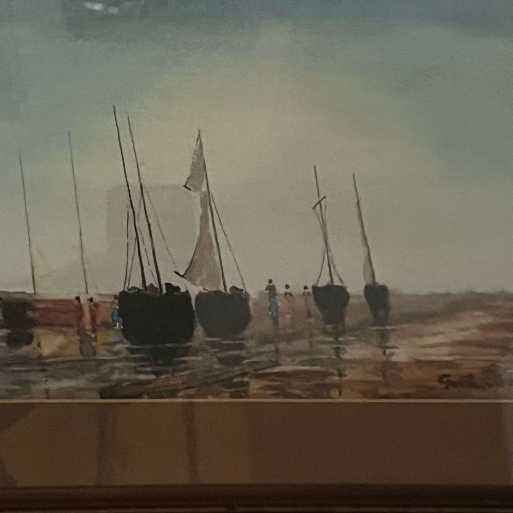 Watercolor Seaside Sailboats in vintage wood frame signed by artist 15” by 19.5”